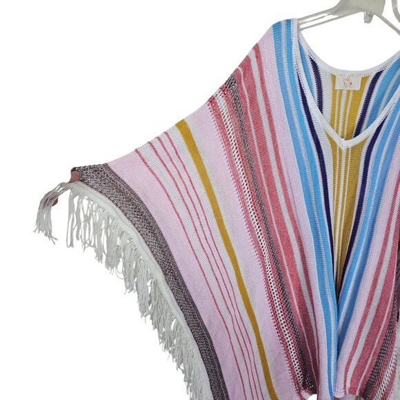 Festival Multicolor Striped Rainbow Fringe Poncho Cape Shawl Boho Relaxed Casual - Picture 3 of 7